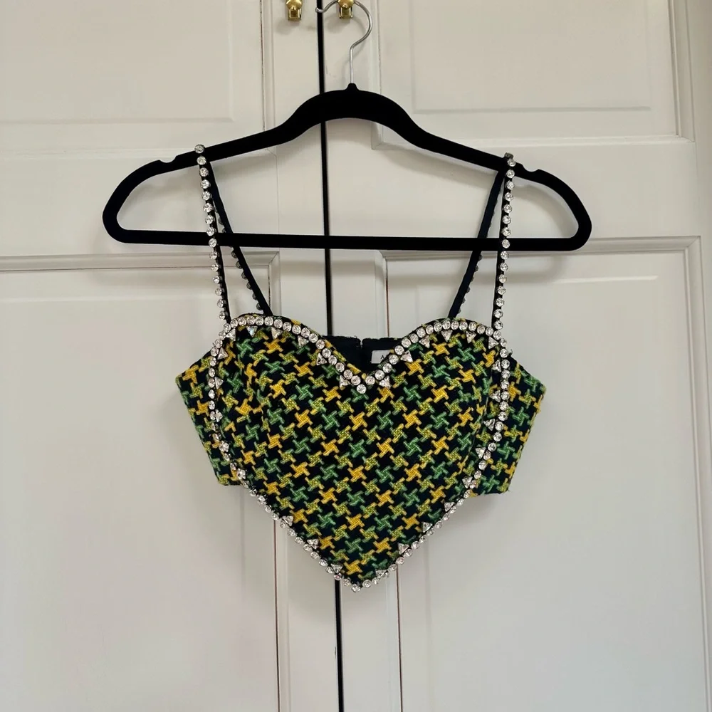 AREA NYC ✨GREEN TWEED CRYSTAL HEART TOP - Picture 15 of 15